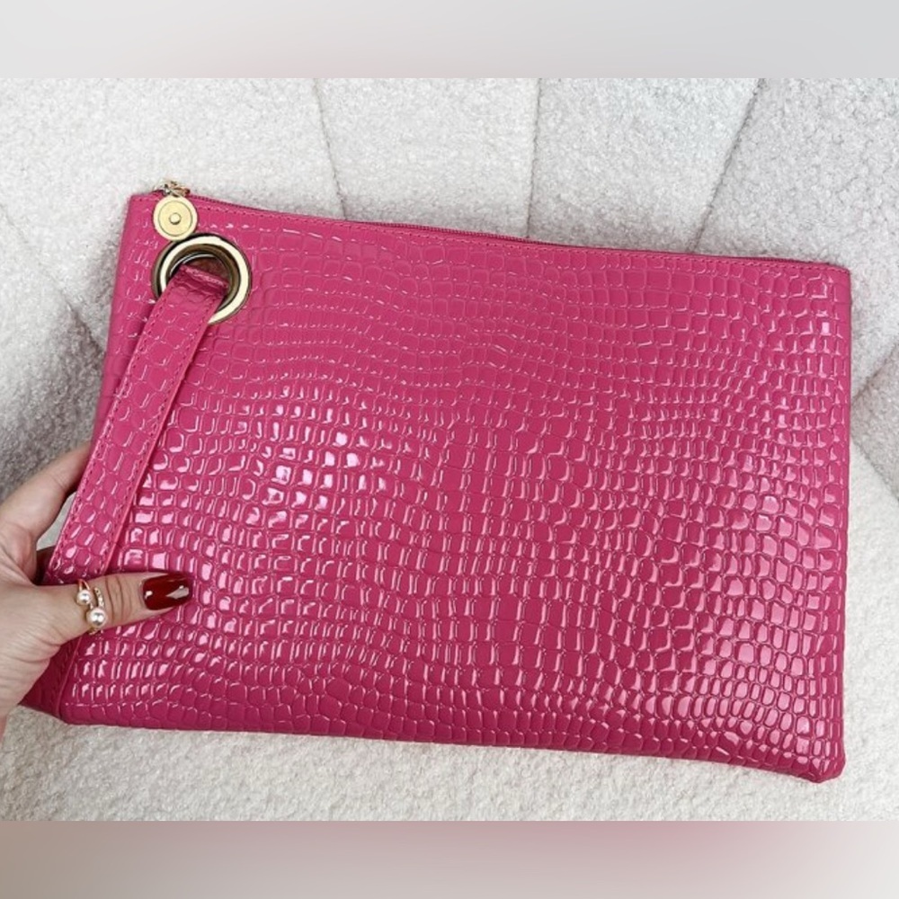 Pink Crocodile-Embossed Clutch Bag - Picture 2 of 4